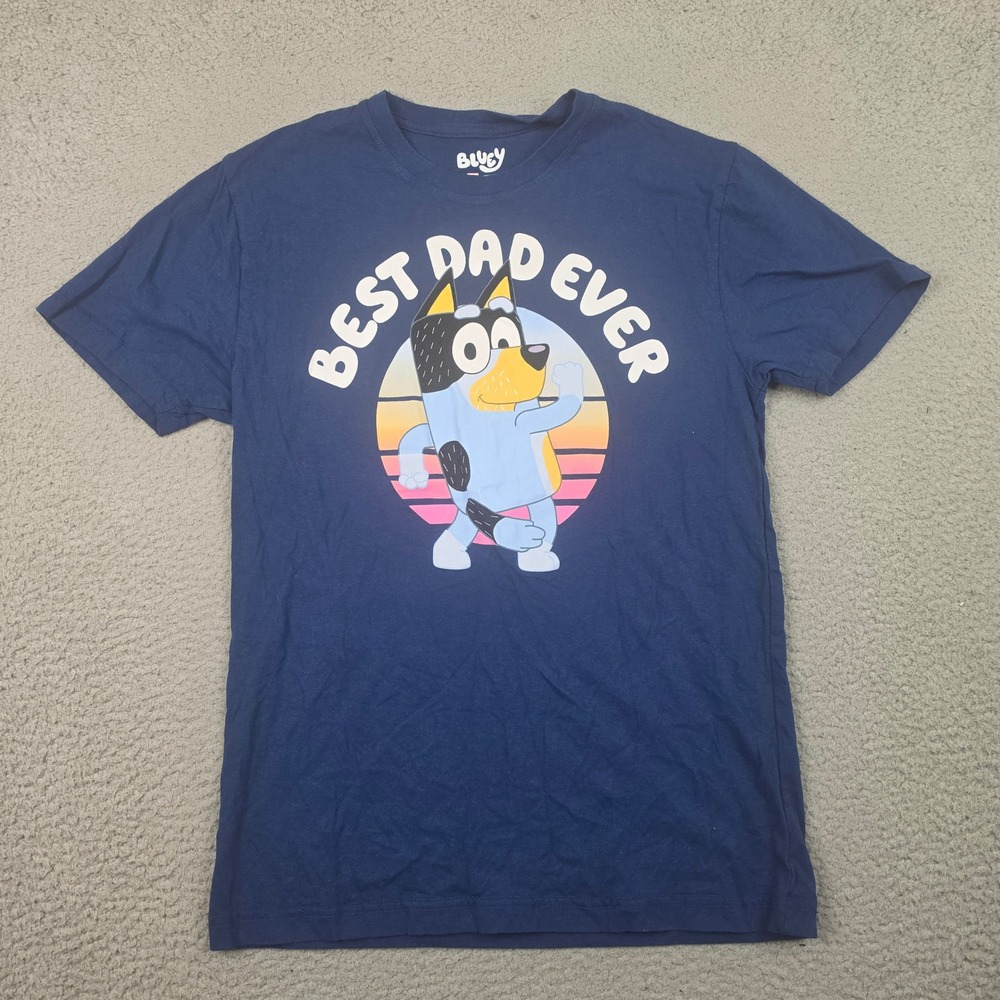 Bluey Best Dad Ever T-Shirt Mens Small Bandit Heeler Navy Blue Graphic Cotton